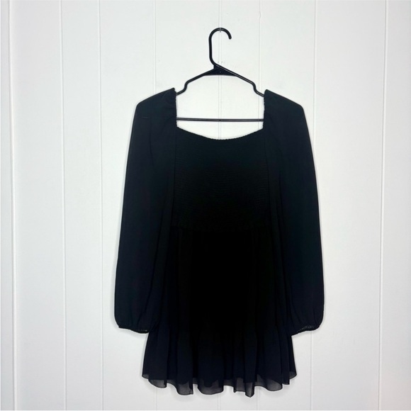 Quince Chiffon Smocked Mini Dress In Black Long Sleeve Goth Women’s Size XS - Picture 2 of 8